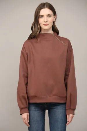 Zipper Trimmed Round Neck Sweatshirt CHOCO BROWN