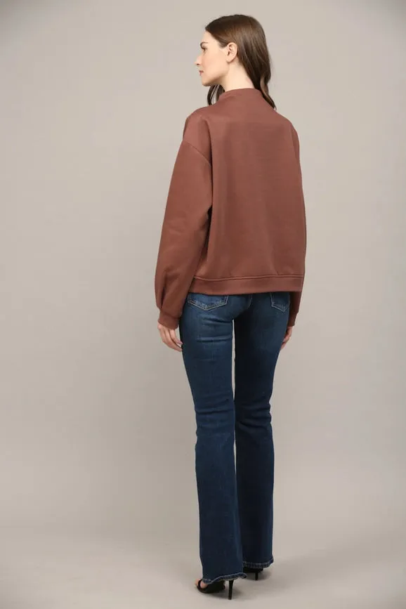Zipper Trimmed Round Neck Sweatshirt CHOCO BROWN